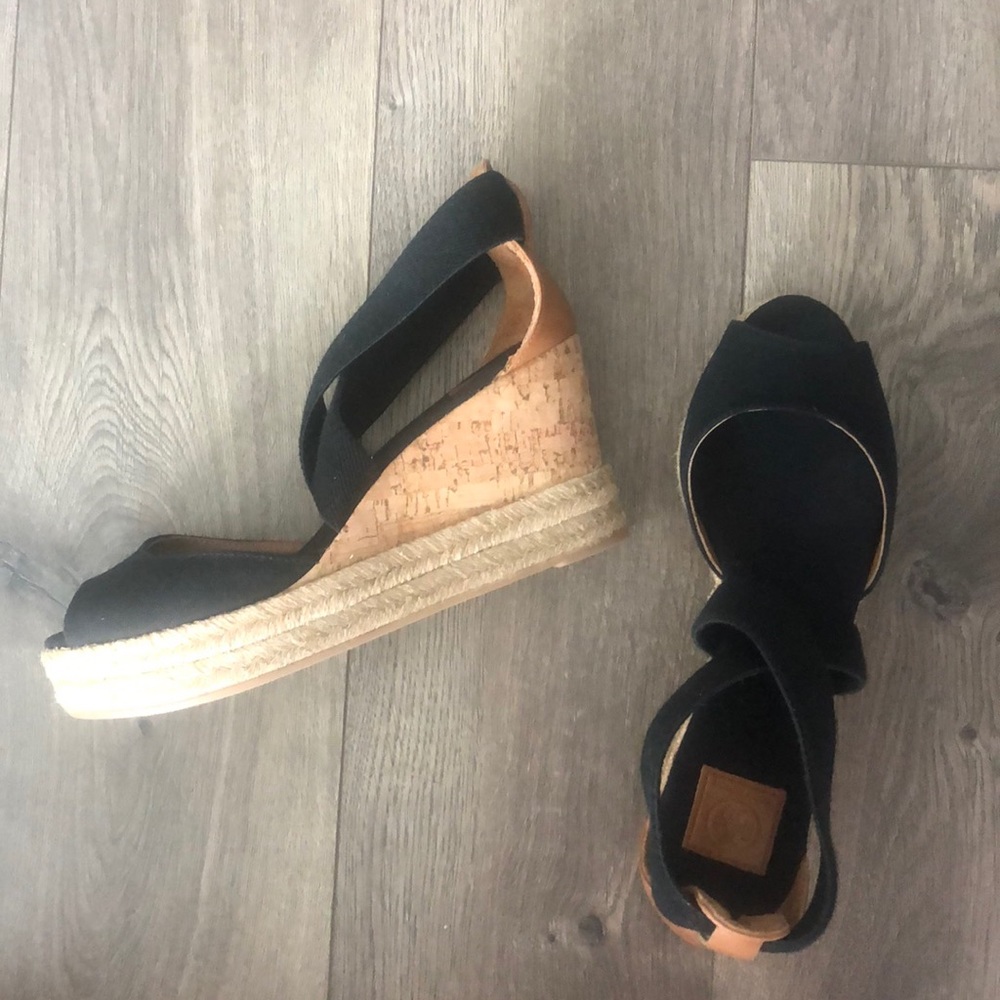 Tory Burch Black Tan Espadrille Wedge Sandal 7